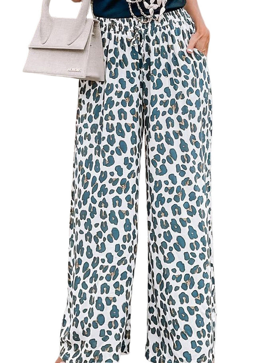 Dame bred leopardmønster-bukser med høj talje og elastisk taljebånd Stilla