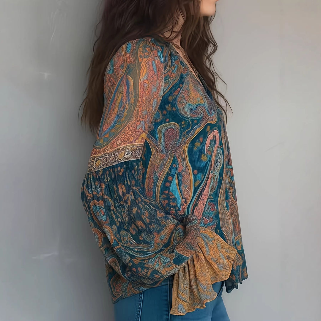 Dame Boho-Chic Bluse med flammende ærmer og V-hals Skovae