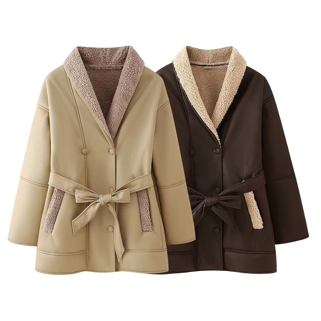 Dame Faux Leder Utility Jakke med Sherpa-foring Stilla