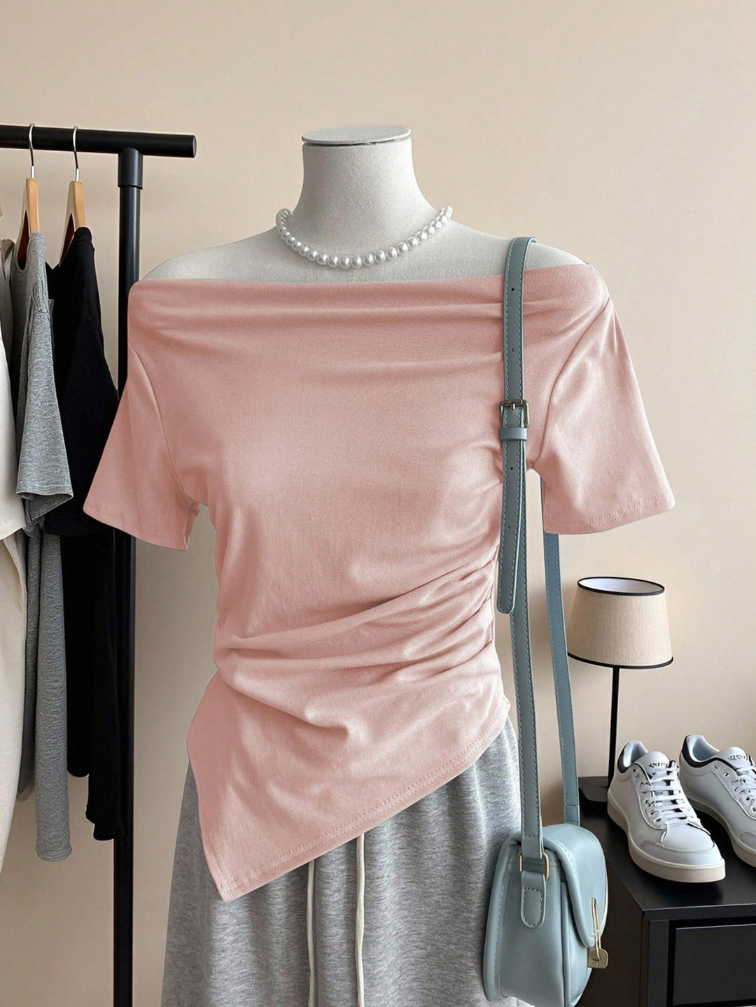 Dame Off-Shoulder T-Shirt med rynke Skovae