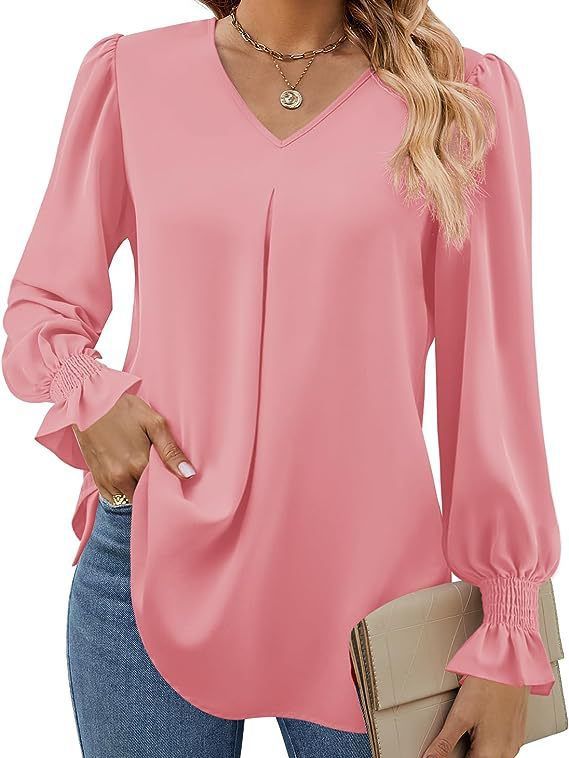 Dame elegant bluse med V-udskæring og voluminøse ærmer Stilla