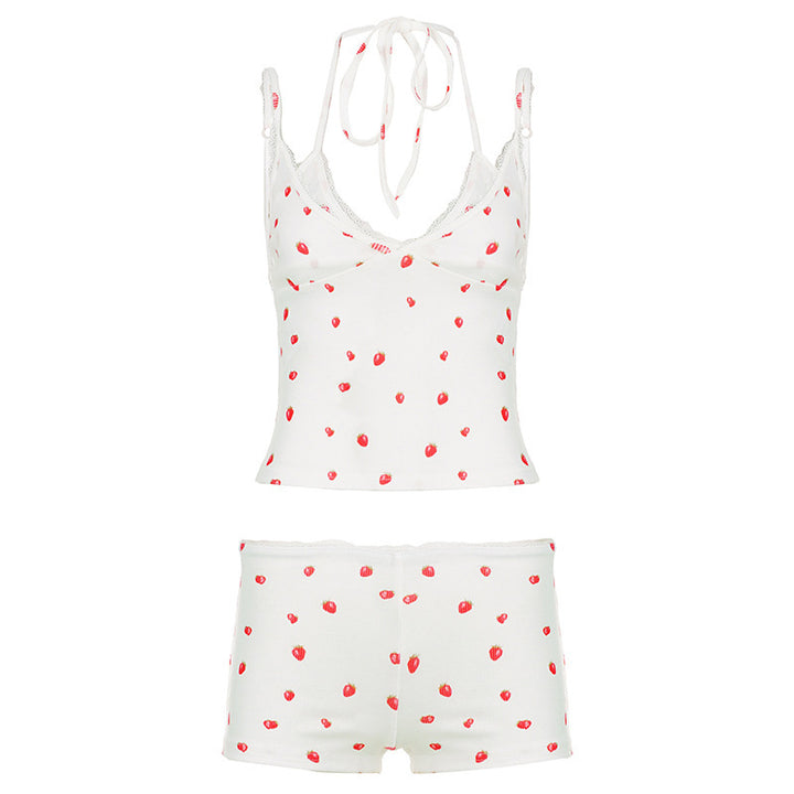 Dame pyjamasæt med legende frugtmønster og spaghetti-stropper Skovae