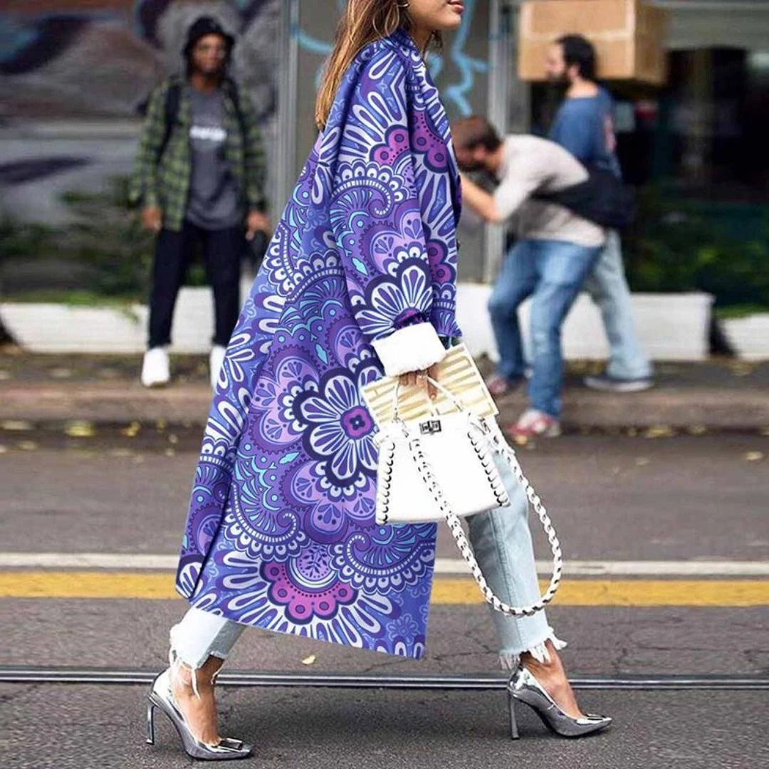Dame Kimono-Style Overjakke med farverige grafiske mønstre og brede ærmer Stilla