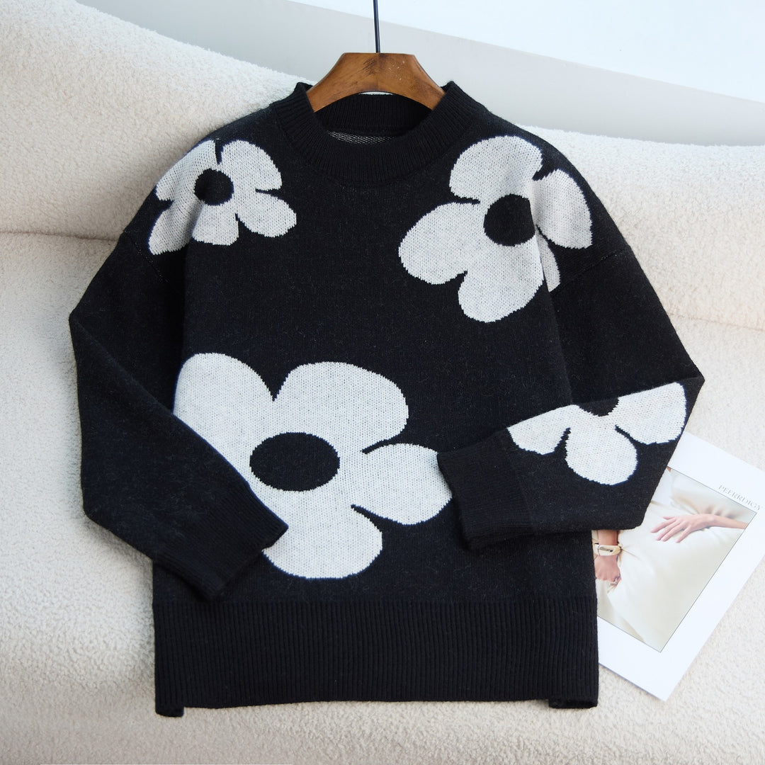 Kvinders chunky strikket sweater med levende blomster mønster og rund hals Stilla