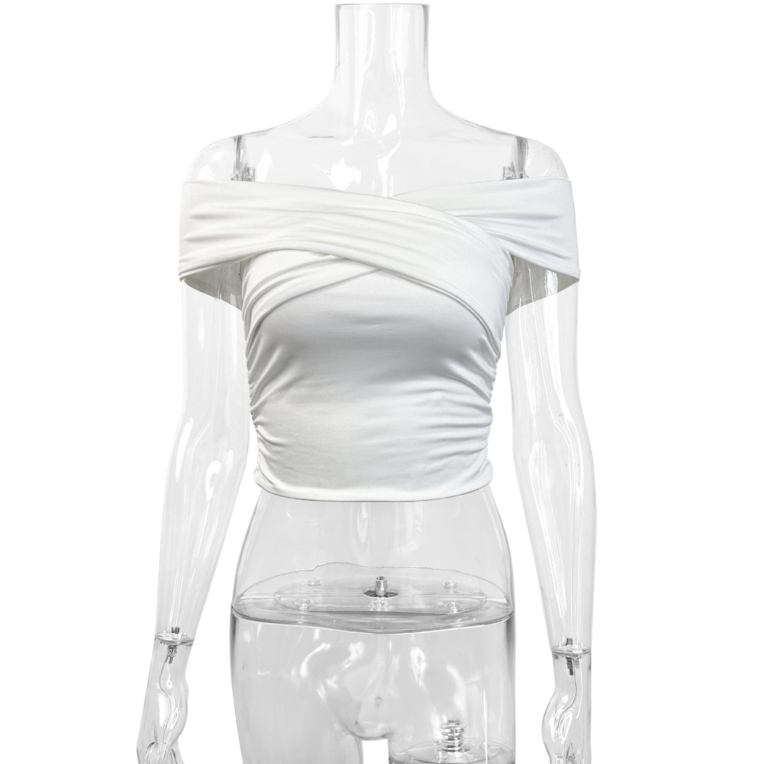 Dame skulderfri top med elegant drapering Skovae