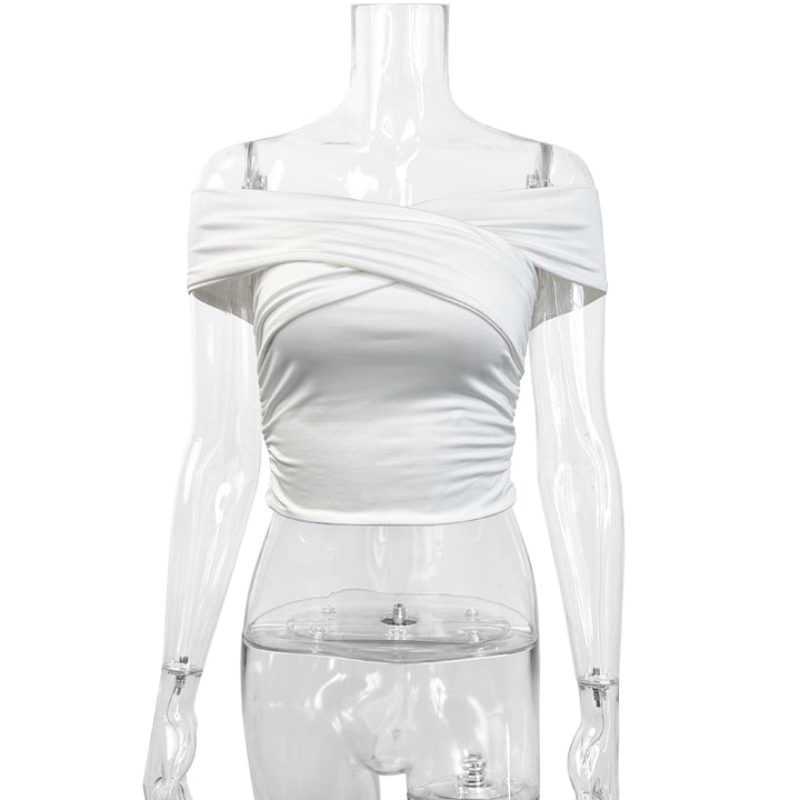 Dame skulderfri top med elegant drapering Skovae