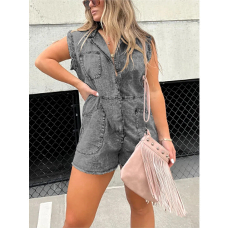 Dame trendy Jeans-overall med lommer og kortærmet Stilla