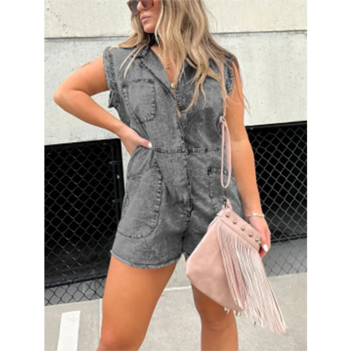 Dame trendy Jeans-overall med lommer og kortærmet Stilla
