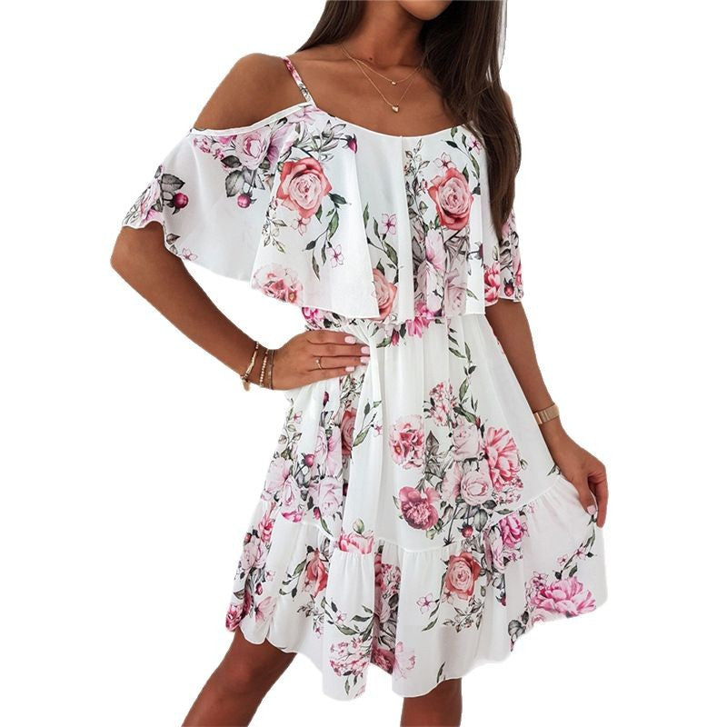 Dame Let sommerkjole med skulderfri ærmer og legende blomsterdesign Stilla