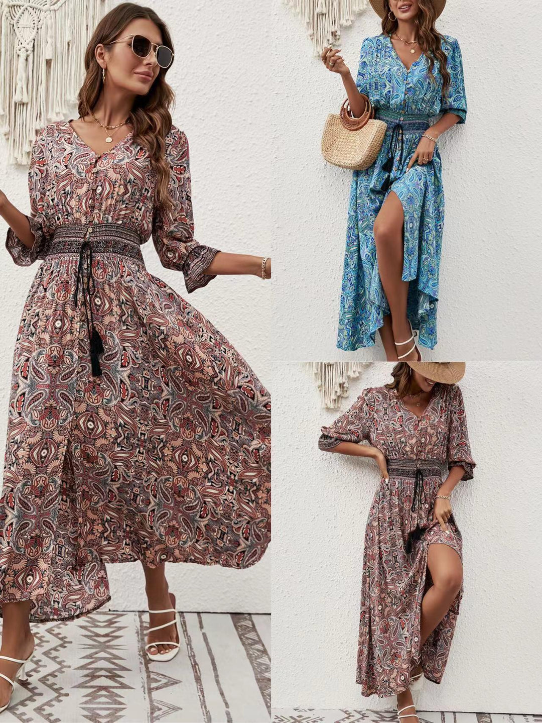 Dame Bohemian Print Maxi Kjole med Sidesplit og Bindebælte Stilla