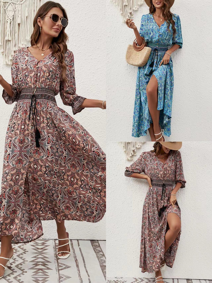Dame Bohemian Print Maxi Kjole med Sidesplit og Bindebælte Stilla