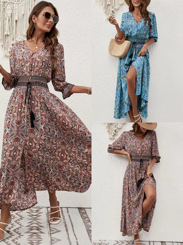 Dame Bohemian Print Maxi Kjole med Sidesplit og Bindebælte Stilla