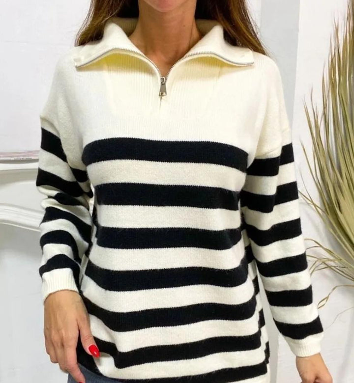 Dame mønstrede sweater med høj krave og lynlås Stilla