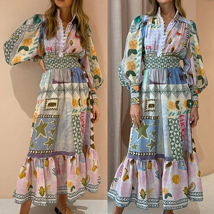 Kvindernes lange maxi kjole med farverigt patchwork mønster og voluminøse ærmer Stilla
