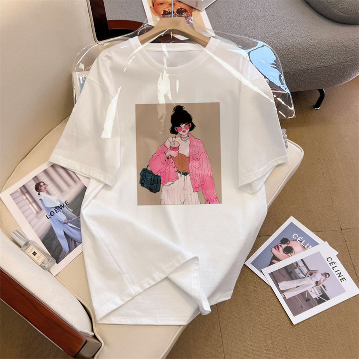 Dame T-shirt med kreativ modeillustrationstryk og afslappet snit Stilla
