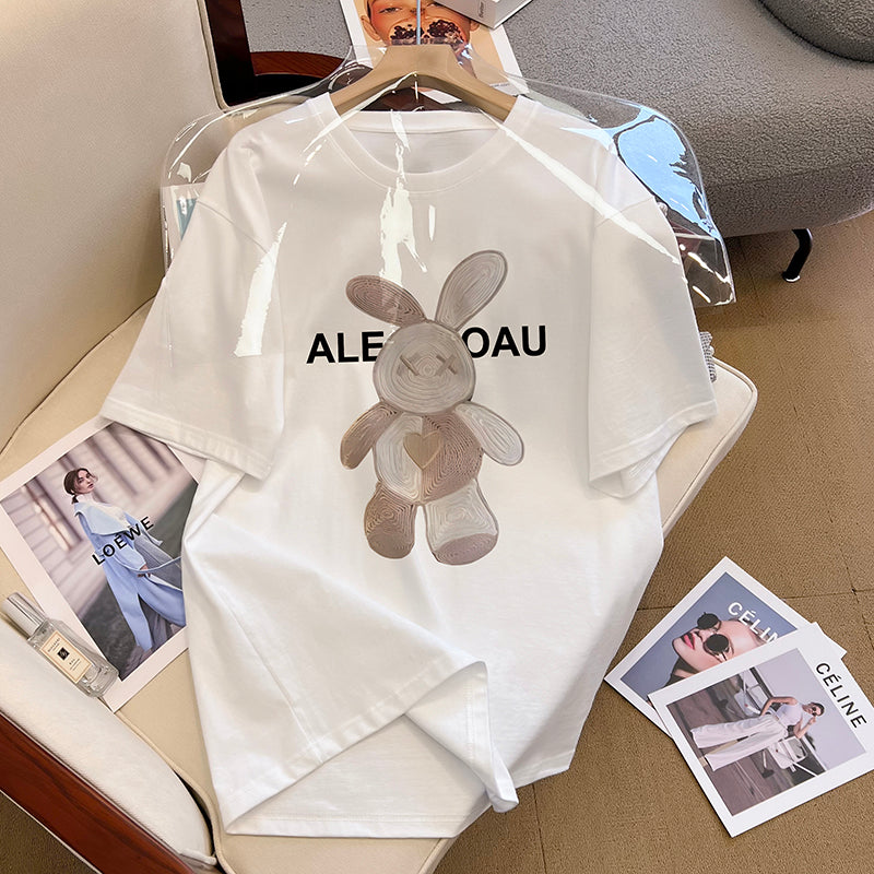 Dame T-shirt med kunstnerisk kaninmotiv og afslappet snit Stilla