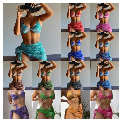 Dame Floral Print Bikini Sæt med matchende Wrap Skirt Stilla