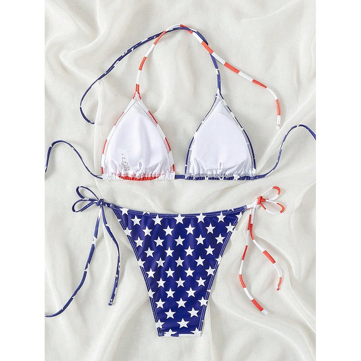 Dame triangel-bikini med stjerner- og stribedesign Skovae