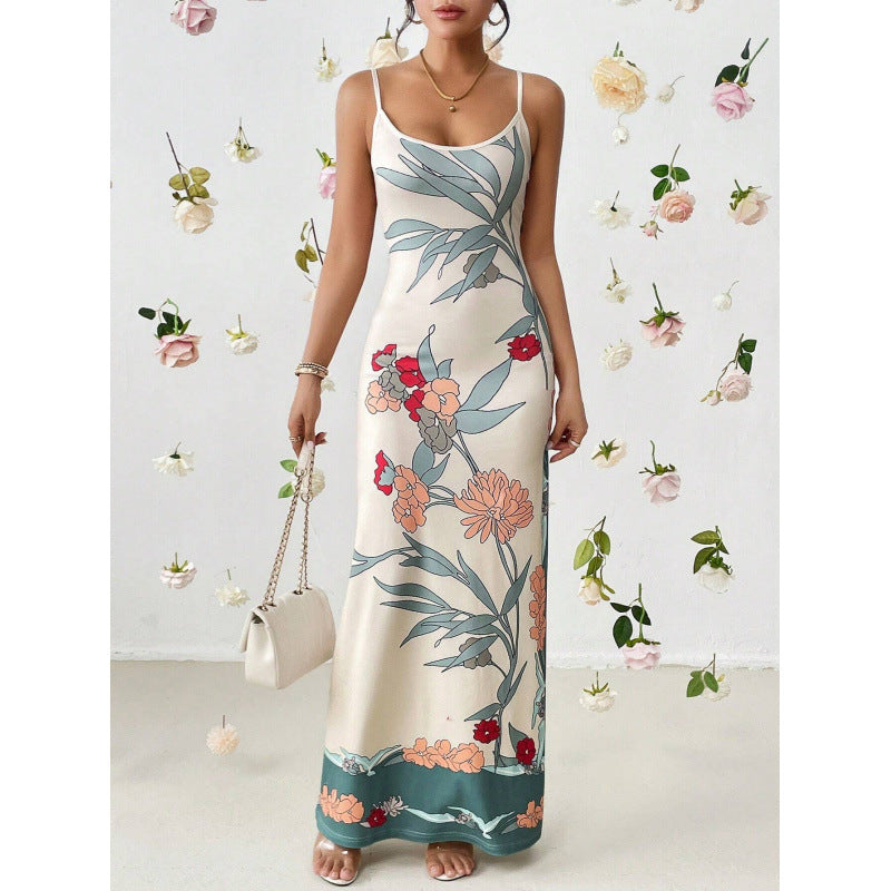 Dame Maxikjole med blomstermotiv og smalle stropper Stilla