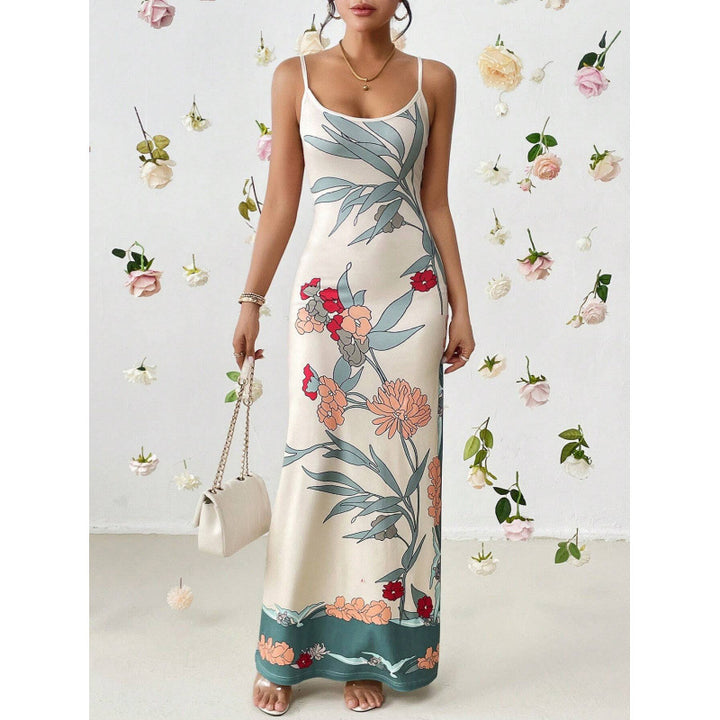 Dame Maxikjole med blomstermotiv og smalle stropper Stilla