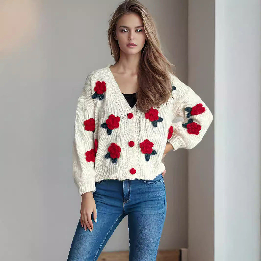 Kvinders hyggelige cardigan med blomster 3D-design og store knapper Stilla