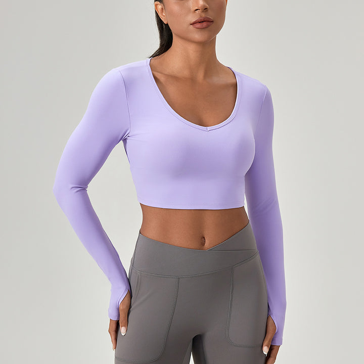 Dame Sporty Langærmet Crop Top med dyb udskæring og innovativ kropstilpasning Stilla