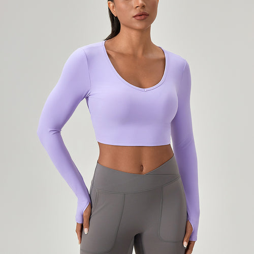 Dame Sporty Langærmet Crop Top med dyb udskæring og innovativ kropstilpasning Stilla