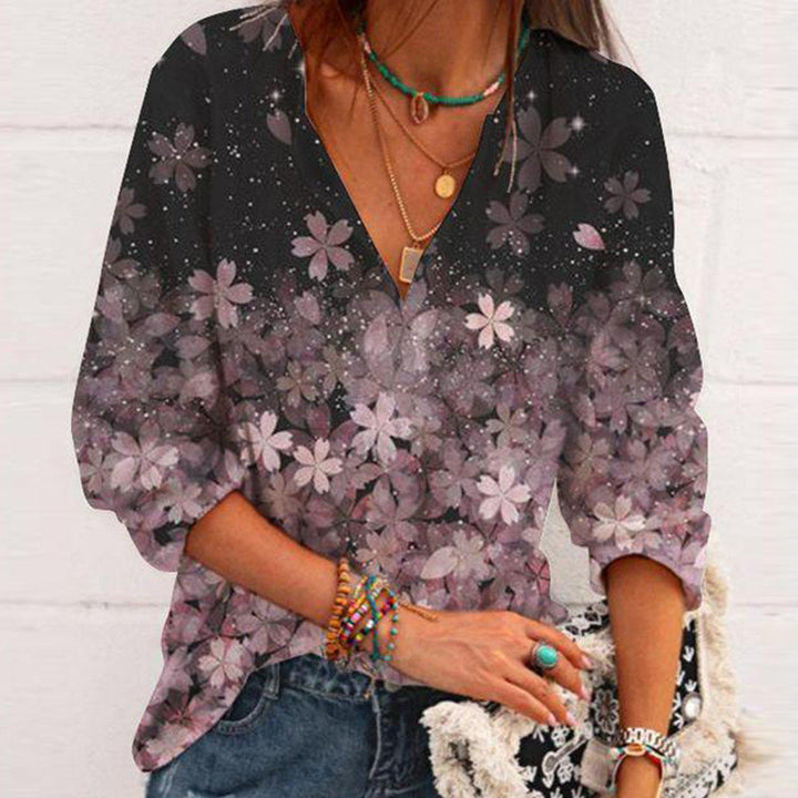 Stilla | Trendy Print V-Hals Cuff Stræk Tre-Fjerdedel Ærme T-Shirt