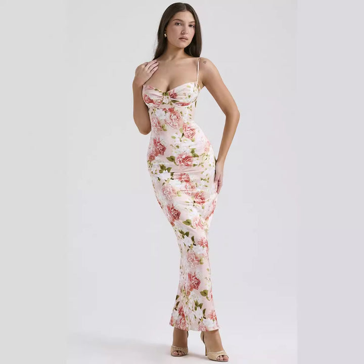 Dame bodycon maxi kjole med blomsteraccenter og justerbare spaghetti stropper