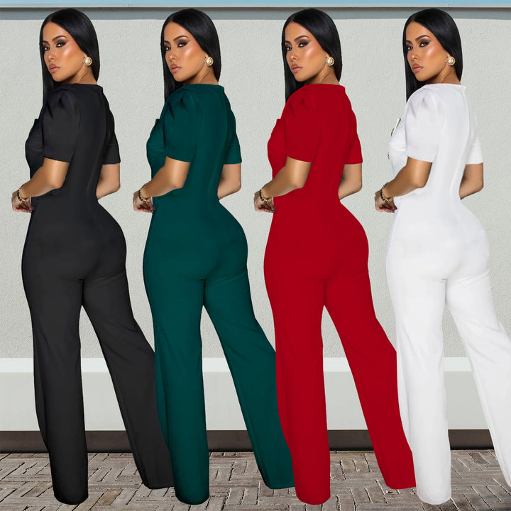 Dame Elegant Jumpsuit med smagfulde knapdetaljer og puffærmer Stilla