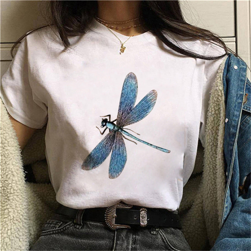 Dame V-hals T-shirt med blomster sommerfugletryk Skovae