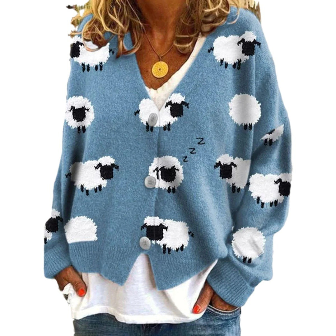 Dame cardigan med sjove fårepatterne Stilla