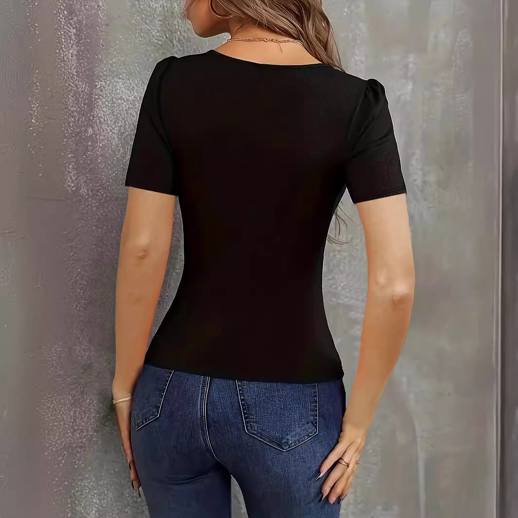 Dame Figurformet V-hals T-shirt med puffærmer Stilla