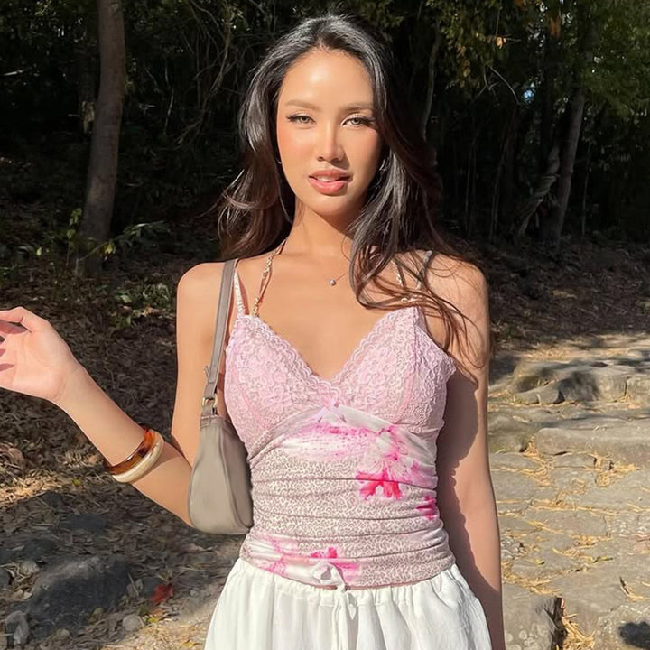 Dame spaghetti straps top med blomster mønster og lace Skovae