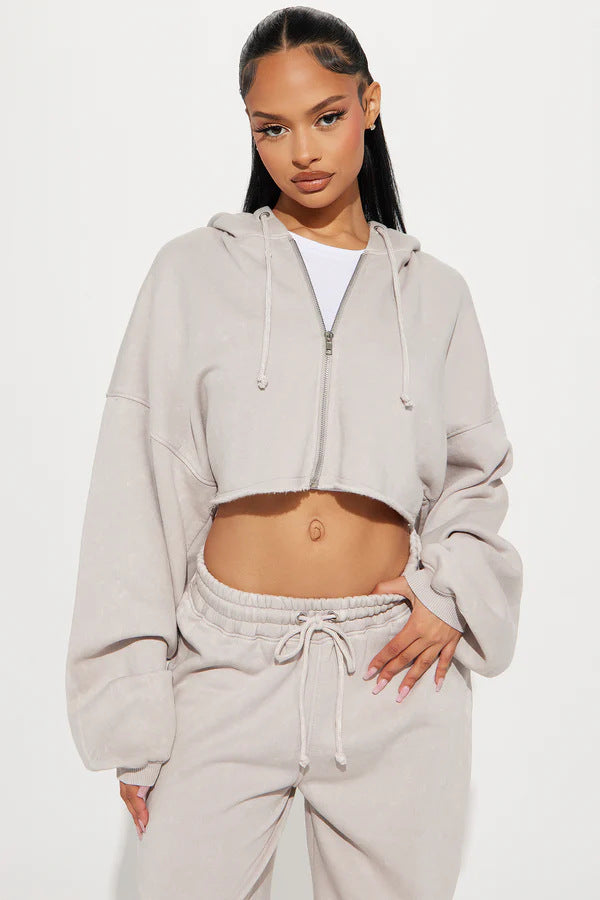 Kvinder casual cropped hoodie og brede joggebukser sæt Skovae
