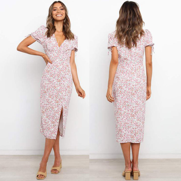 Dame Floral Print Wrap Midi Kjole med smigrende side split Stilla