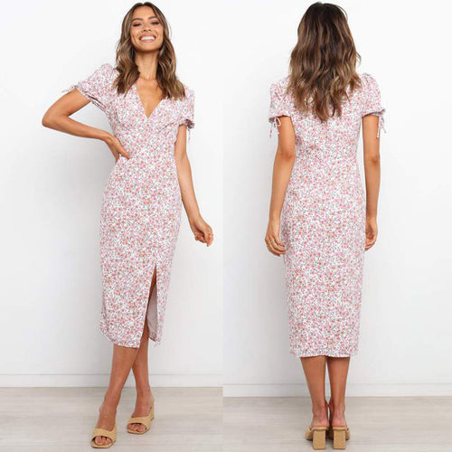 Dame Floral Print Wrap Midi Kjole med smigrende side split Stilla