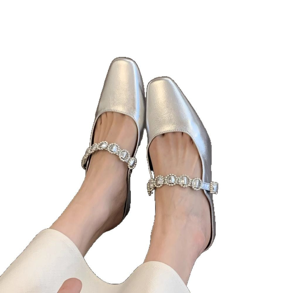 Dame elegante blokhæl-slingback-mules med dekorativt strassbånd Stilla