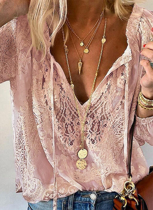 Dame elegant bluse med fin lace og dyb V-udskæring Skovae