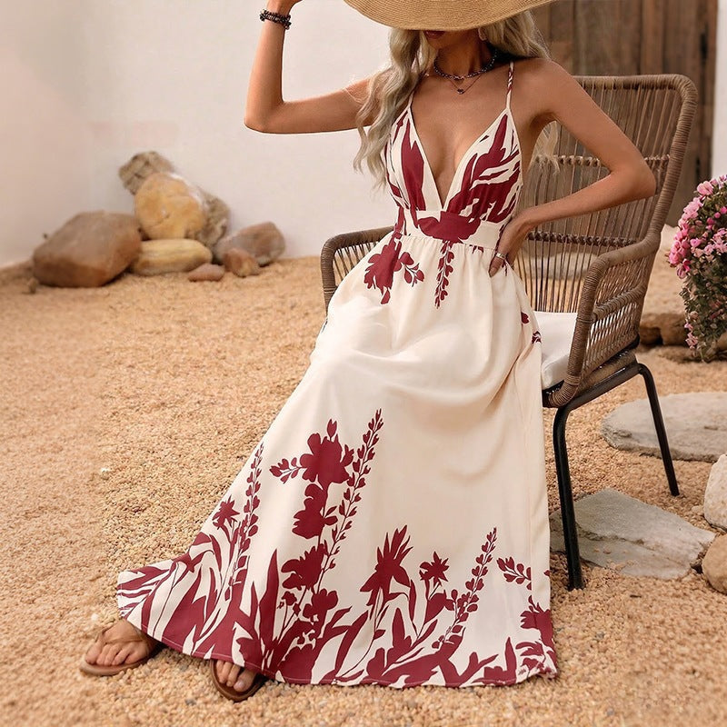 Damen Maxikleid mit tiefem V-Ausschnitt und floraler Applikation Skovae