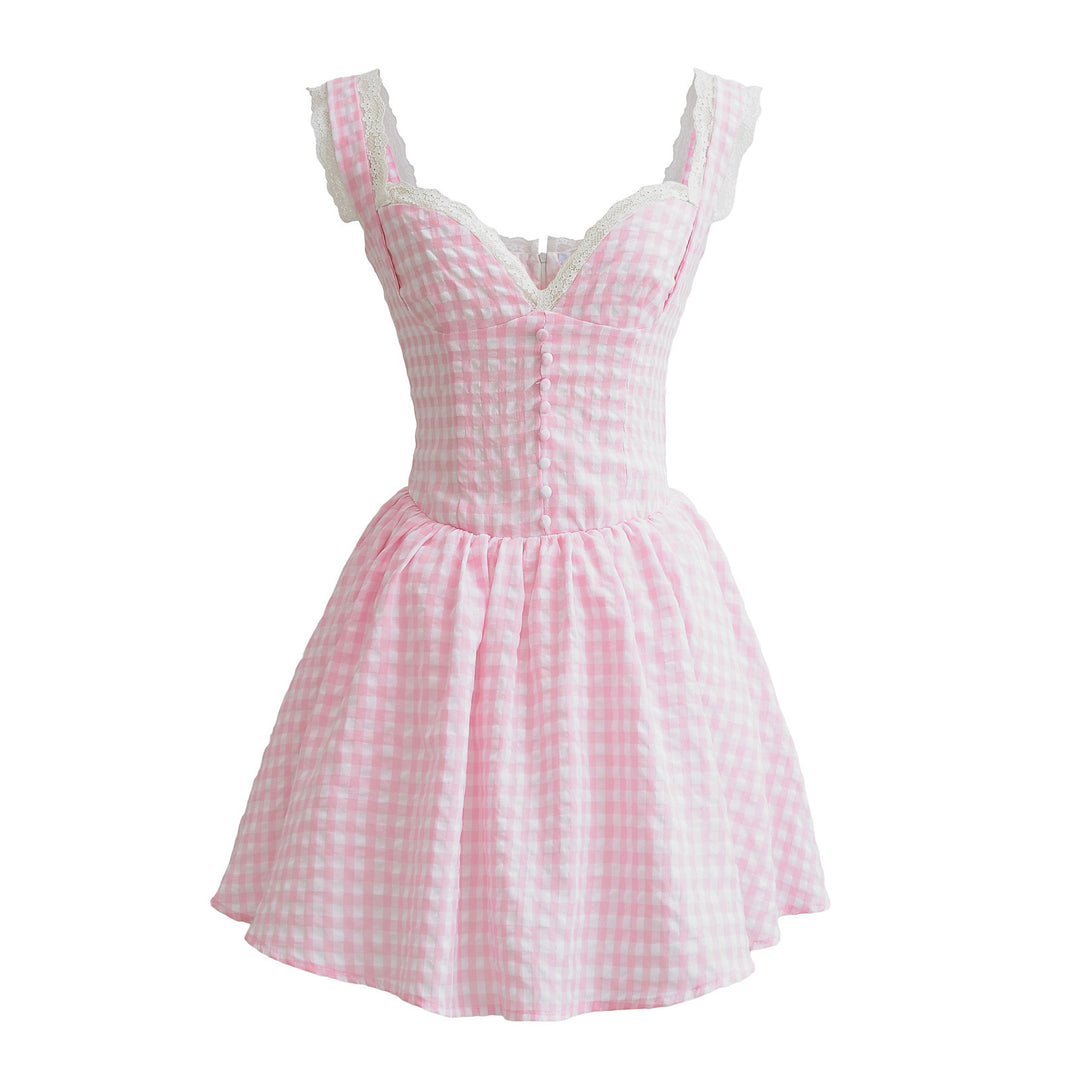 Femme Gingham A-linje kjole med spidsdetalje og knapdetalje Stilla