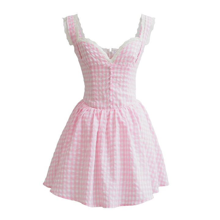 Femme Gingham A-linje kjole med spidsdetalje og knapdetalje Stilla