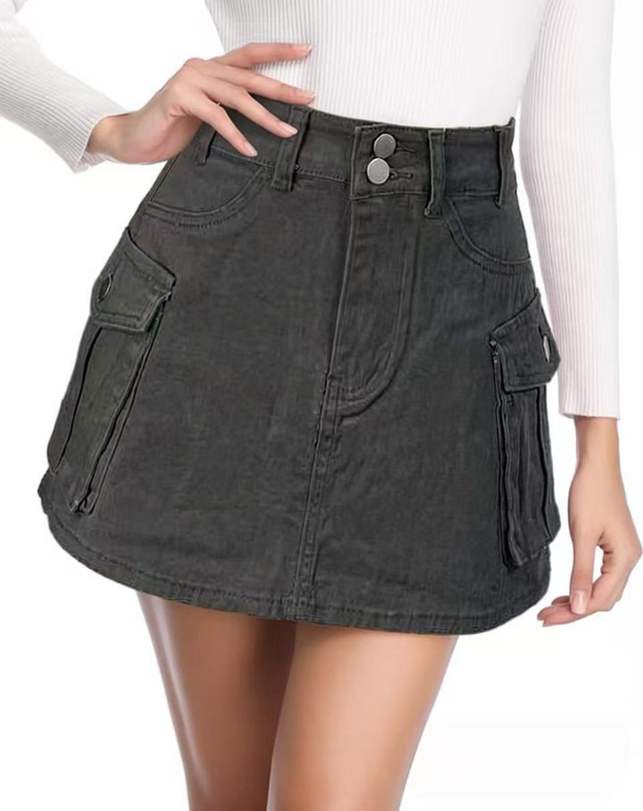 Dame Denim-Mini nederdel med påsyede lommer og moderne detaljer Skovae