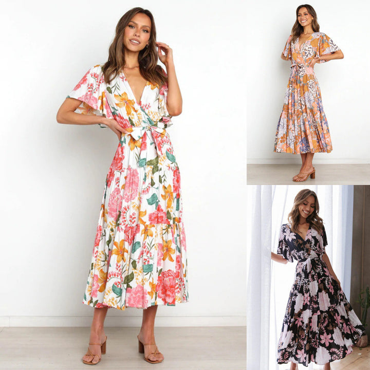 Dame Floraltryk Maxi Wrap Kjole med Lagdelt Nederdel Stilla
