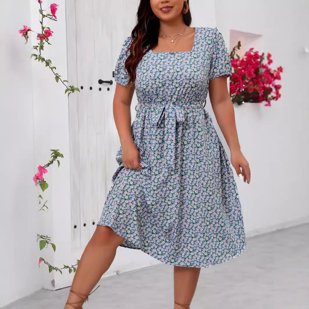 Dame Midi Kjole med blomsterprint og puffærmer Skovae