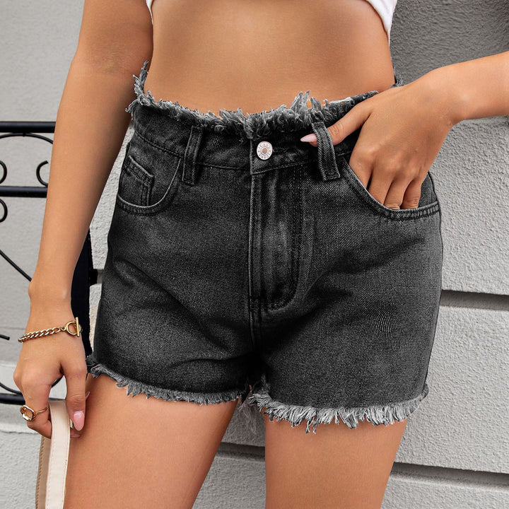 Dame højtaljede jeans-shorts med frynset kant Stilla