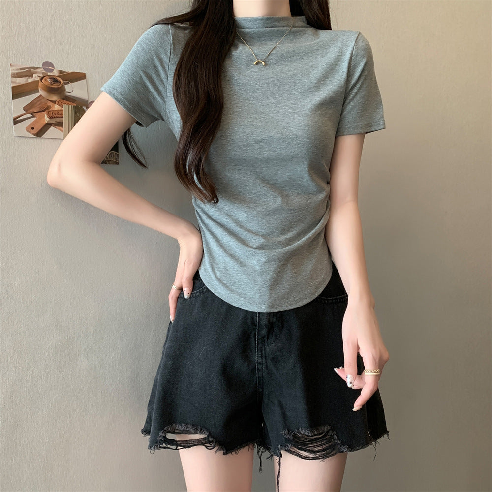 Femme Kortærmet Mock-Neck T-shirt med rynkede detaljer Stilla