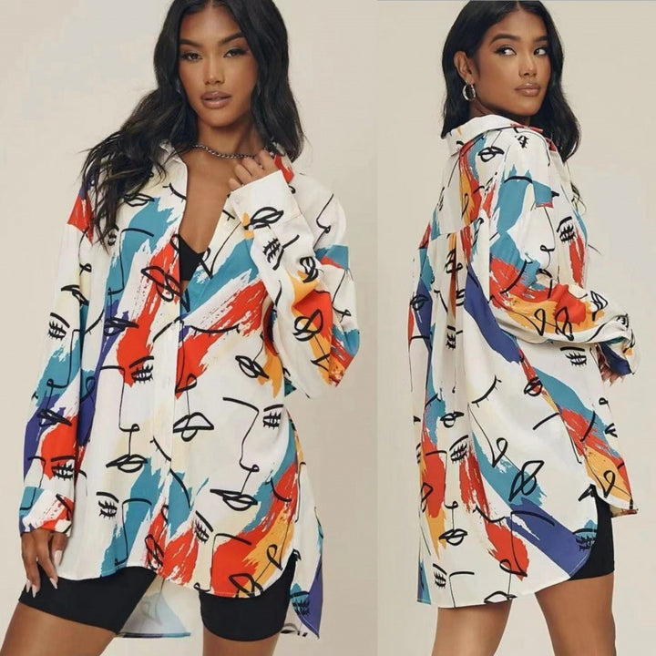 Femme Kunstnerisk Print Oversize Knap-Up Skjorte Stilla