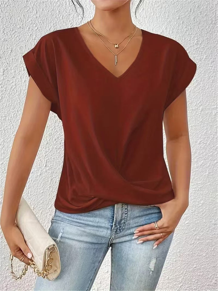 Damer elegant V-udskæring bluse med afslappet drapering Skovae