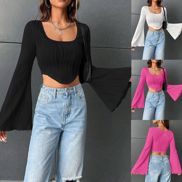 Dame Cropped Top med Volantærmer og Ribbstruktur Stilla